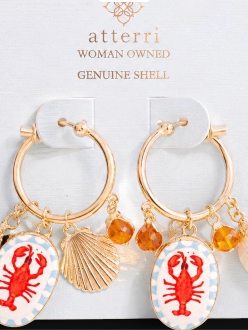 Atterri Gold Hoop Earrings with Red Lobster Tile and Seashell Charms
